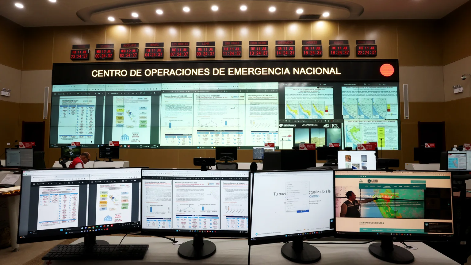 Sala principal real del Centro de Operaciones de Emergencia Nacional del Perú