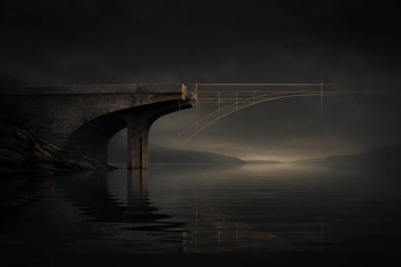 Illustration of an unfinished dark stone bridge, with an imagined continuation in golden architectural lines over still water.